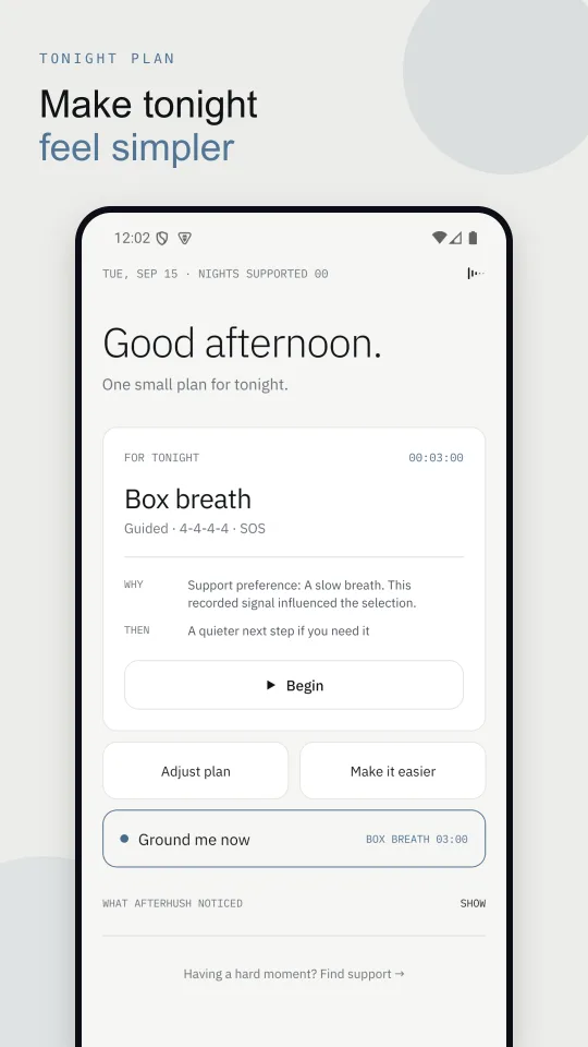 Afterhush Tonight Plan screen with a three-minute box-breath plan and the reason it was chosen