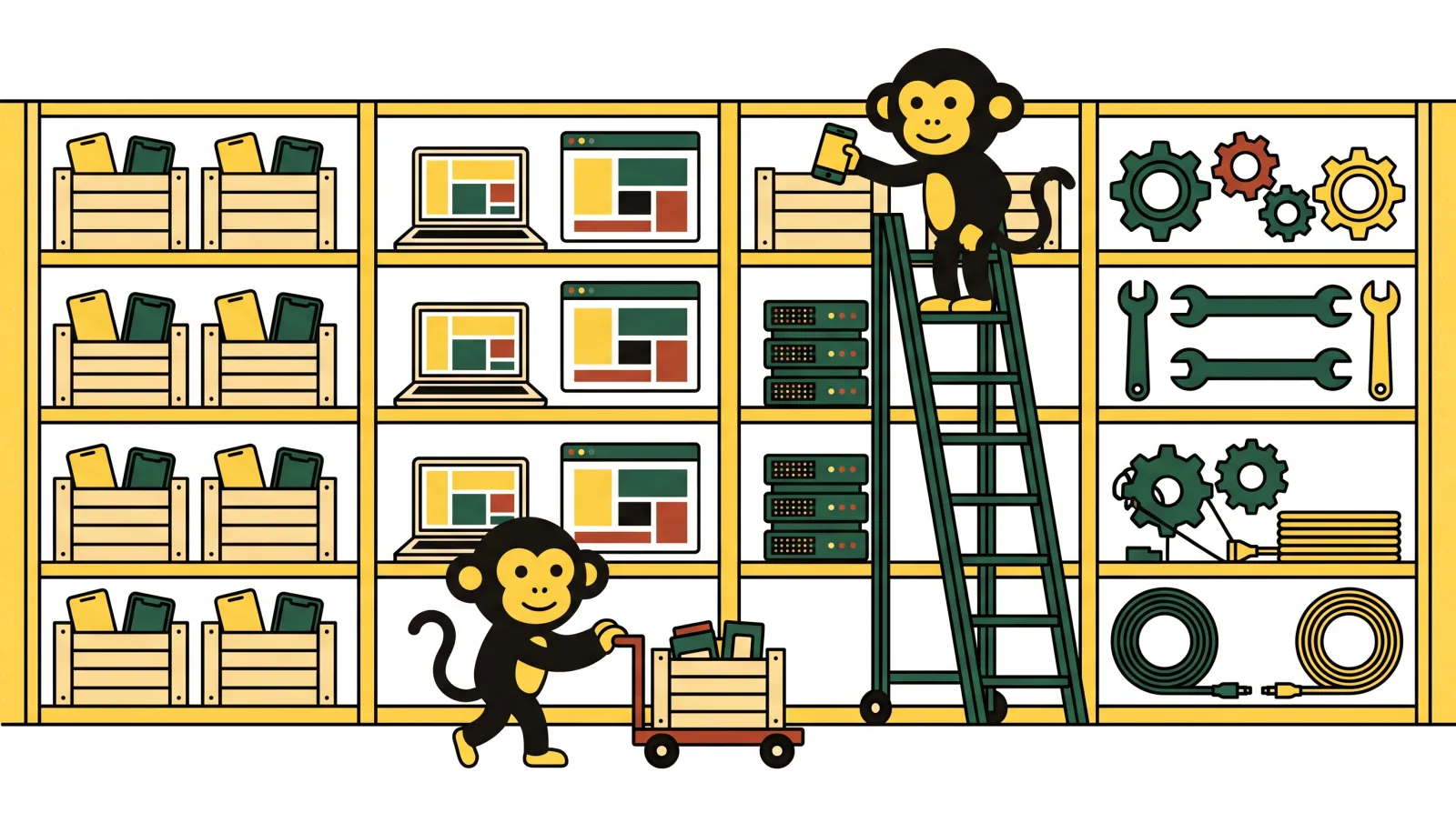 Illustration: a warehouse aisle with shelves of phones, laptops, servers, and tools, tended by two monkeys.